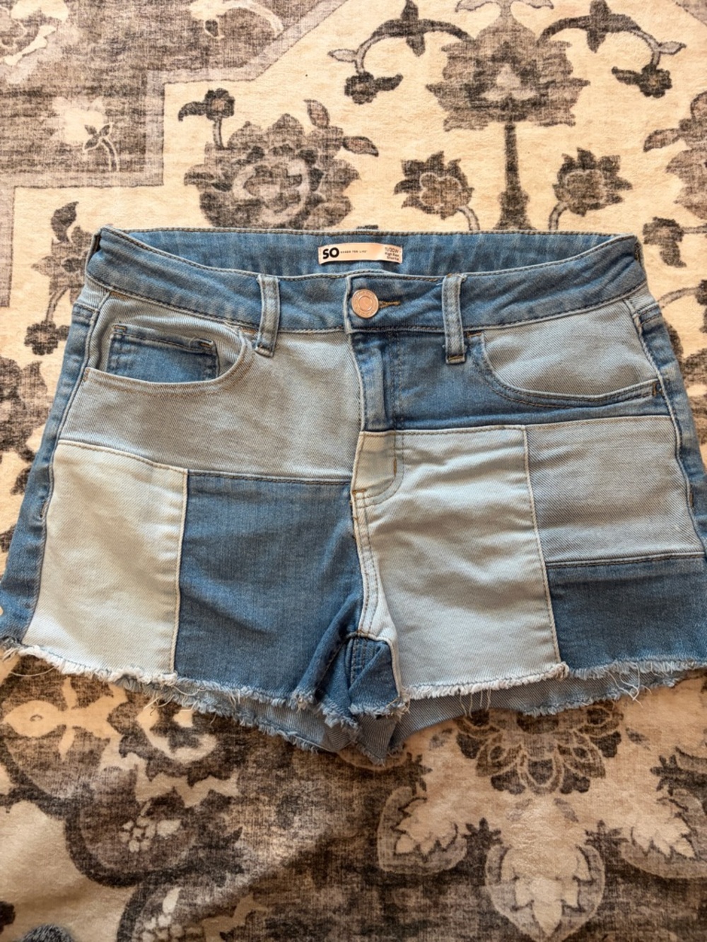 SO Patchwork Two-Tone Blue Denim Shorts